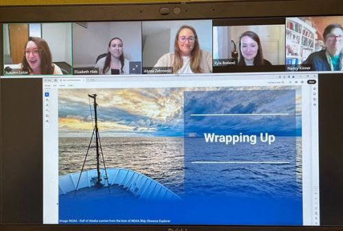 Screenshot of a virtual meeting taking place from a laptop screen, with five panelists logged into the meeting in separate cells towards the top of the screen, and a presentation slide being shared with the words 'Wrapping Up' embedded.
