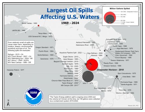 Map of North America showing circles of various sizes representing spills in U.S. waters. The depicted spills are outlined in the table of data available the following weblink: https://response.restoration.noaa.gov/oil-and-chemical-spills/oil-spills/largest-oil-spills-affecting-us-waters-1969.html.