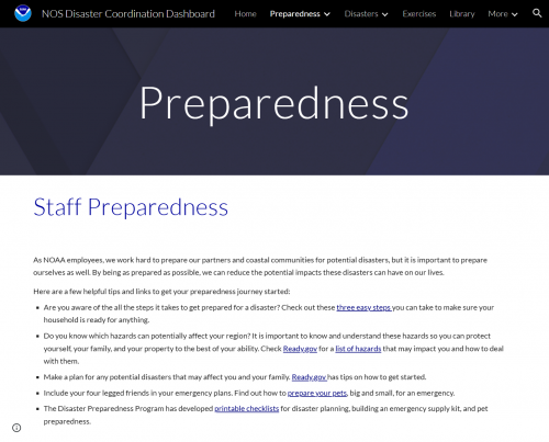 A screenshot of a webpage from the NOS Disaster Coordination Dashboard, with a large title at the top, "Preparedness," and information below about staff preparedness resources.