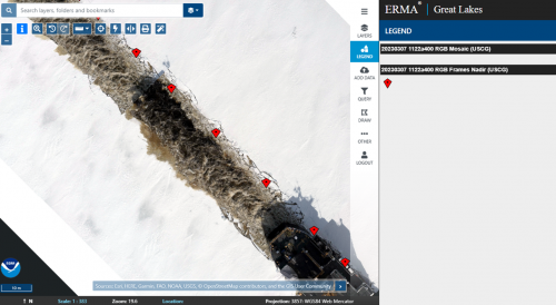 Screen capture: ERMA interface provides aerial imagery of USCG Cutter Spar in Duluth Harbor, Lake Superior. The "Red Kite mapping" links USCG drone images to the ERMA map in near-real-time.  The underlying orthomosaic was created from drone imagery collected and processed by Water Mapping.