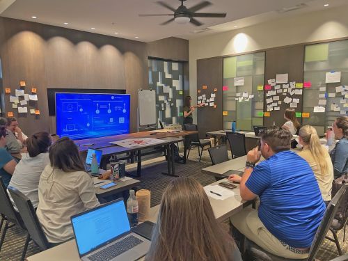 Team members sit within a conference room at tables and review objectives on a large screen for the upcoming year.