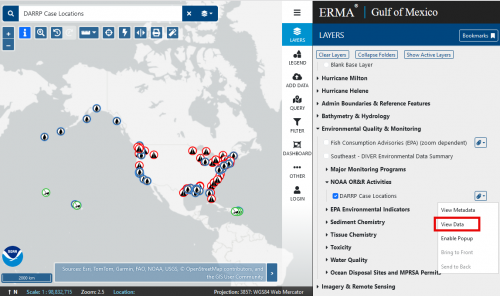 An ERMA navigation menu highlighting the View Data selection from the layers menu. The map display showcases all DARRP case locations across the United States. 