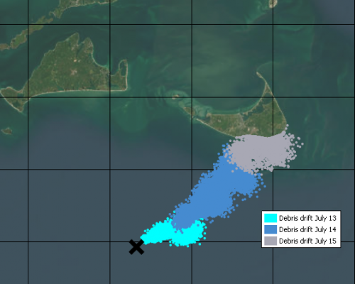 NOAA trajectory estimate for the movement of turbine blade parts that broke from a turbine on/about July 13, 2024 offshore of Martha’s Vineyard.