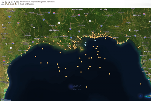 A screenshot of a map of the Gulf of Mexico with many yellow dots on it.