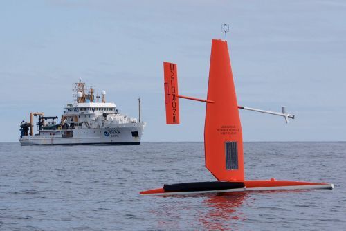 Flat red board and post floating on ocean with ship in background.