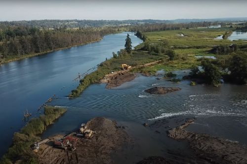 Heavy machinery alongside a waterway.