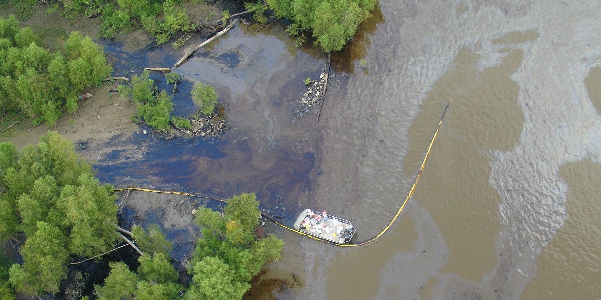 An aerial image of oil in a river.