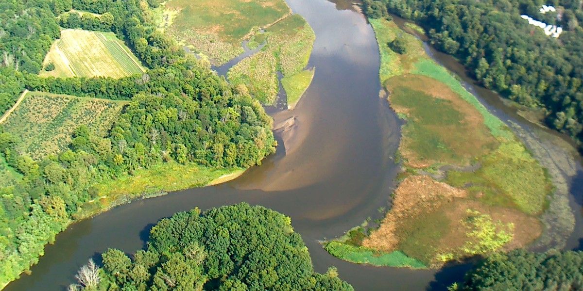 An aerial image of a river.