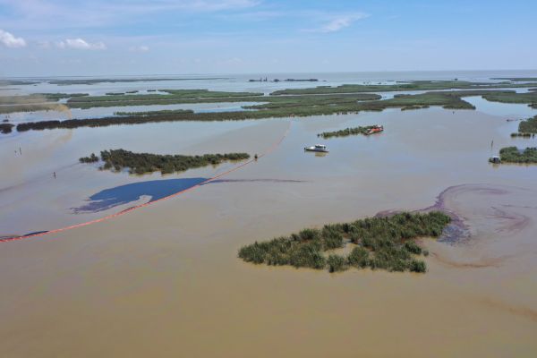 An overflight displays the affected area of marsh environment near Garden Island Bay, Louisiana on April 27, 2025. A safety zone has been enacted in the area and boom has been placed to contain the released product. Image credit: U.S. Coast Guard.