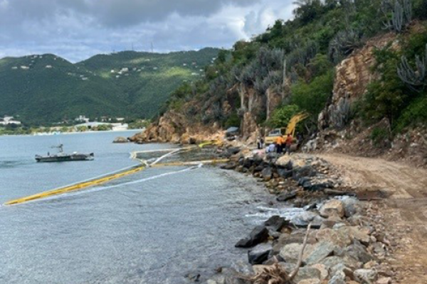Oil containment and collection operations in response to a diesel fuel release on St. Thomas, USVI, November 29, 2023.