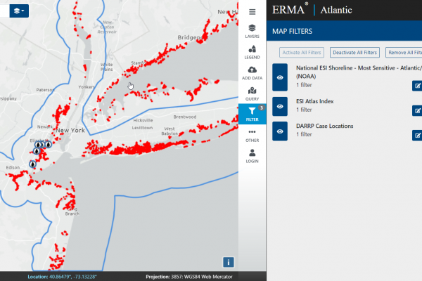 Enhanced map filtering feature showing map data applied in three different filters: National ESI Marsh Shoreline, ESI Atlas Index of New York/Long Island area, and oil spill cases in DARRP locations.