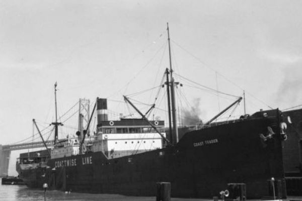 Historical photo of the Coast Trader at port in San Francisco. Image credit: San Francisco Maritime National Historical Park.