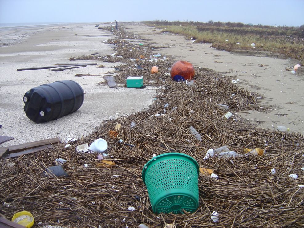 Plastic debris along a beach.