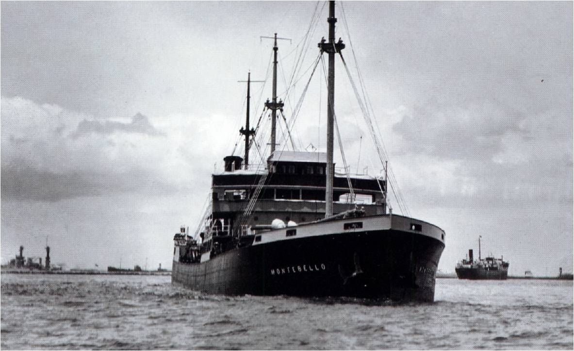 Old image of ship in ocean.