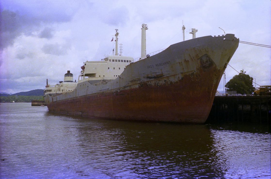 A large vessel at dock.