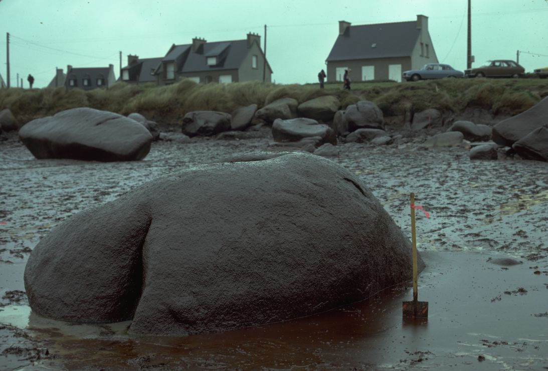 Photo: Large boulder surrounded by a pool of oil.