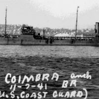 A black and white photo of a tanker with the text "Coimbra, 11-7-41, U.S. Coast Guard" written on it. 