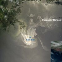 A satellite image of an oil spill.