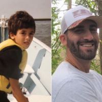 Two photos side by side: (left) a little boy in a life jacket on a boat, (right) a photo of a man with trees behind him. 