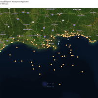 A screenshot of a map of the Gulf of Mexico with many yellow dots on it.