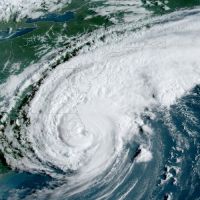 An satellite image of a hurricane. 