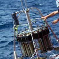 Retrieving Sample Cylinders into Gulf - Multicorer sampling operation aboard the