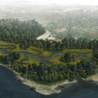 Illustration of healthy forested habitat along a river bend.