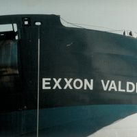 Close-up of ship's name Exxon Valdez.