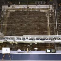The front face of Hanford's B Reactor, where uranium fuel slugs were loaded.