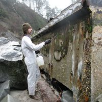 A worker decontaminates the Japanese dock on a Washington coast beach.