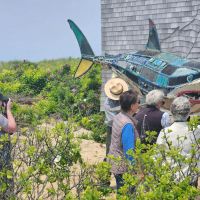 Guest gathering around a sculpture of an Atlantic White Shark made out of marine debris collected from Seashore beaches.