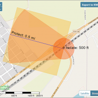 Initial isolation and protective action distances from a fictional spill shown on a map in the new CAMEO Chemicals 3.0.0. Image credit: NOAA.