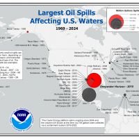 Map of North America showing circles of various sizes representing spills in U.S. waters. The depicted spills are outlined in the table of data available the following weblink: https://response.restoration.noaa.gov/oil-and-chemical-spills/oil-spills/largest-oil-spills-affecting-us-waters-1969.html.