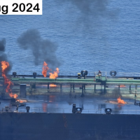 Fires in multiple locations on the main deck of the motor tanker Sounion, around the hatches of the oil tanks and on part of the superstructure.