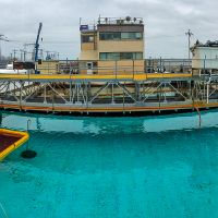 Panorama view of an oil spill test tank.