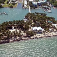 A small island with palm trees, a large home, and a riprap perimeter.