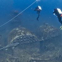 Divers swim around a shipwreck on the seafloor.