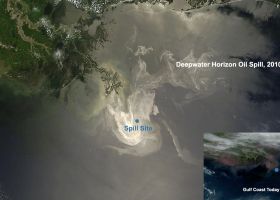 A satellite image of an oil spill.