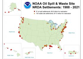 A map of the U.S. showing oil and waste sites.