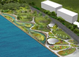 An illustration of a waterfront park.