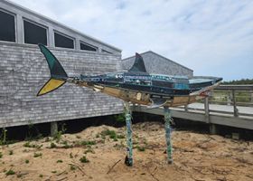 A sculpture of an Atlantic White Shark made out of marine debris collected from Seashore beaches.