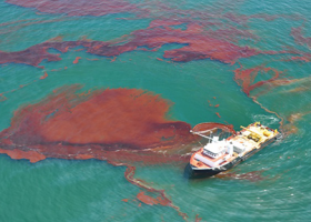 A ship surrounded by oil from the Deepwater Horizon oil spill, attempting to collect oil in the Gulf of Mexico. 