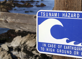 Tsunami Danger sign in California Beach. 