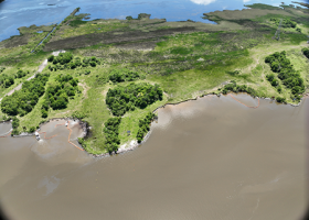 Drone overflight view of areas protected by boom during pipeline spill into the Gulf Intracoastal Waterway, April 28, 2023. Image credit: Louisiana Oil Spill Coordinator's Office.