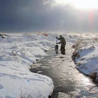 Person working in a stream in a frozen environment.