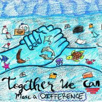 Two hands decorated with healthy sea creatures amid a sea filled with debris, over the text “Together we can make a difference.”