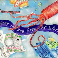 Colored-pencil drawing of a squid in a debris-filled ocean, with text reading "Keep the sea free of debris.