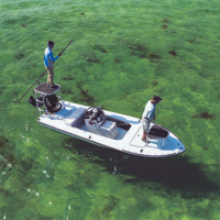 Overhead view of two people on a boat on the water.