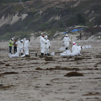 Workers in white hazmat suits remove oil from a beach. Image credit: NOAA.
