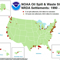 A map of the U.S. showing "NOAA Oil Spill & Waste Site NRDA Settlements 1990-2019."